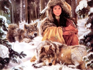 wolves, winter, young, Indian, girl